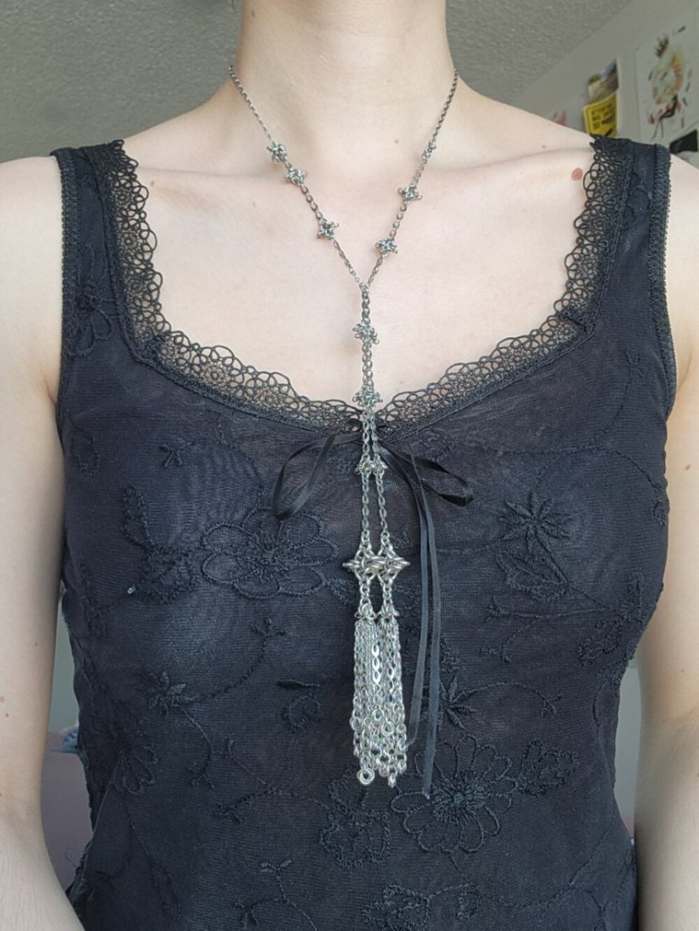 Gothic long silver star necklace with tassels